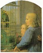Georg Friedrich Kersting Zwei Kinder vor einem Papageienbauer oil painting on canvas
